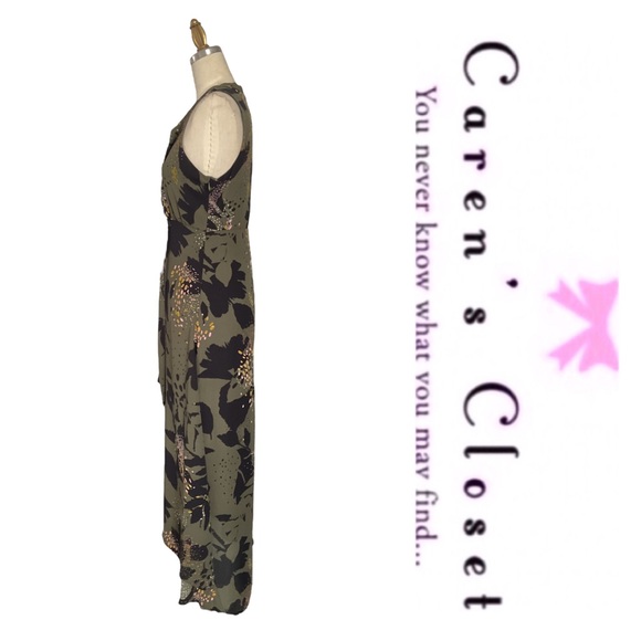 Bar III Olive Green Organic Print Sleeveless High Low Midi Dress - Picture 8 of 11